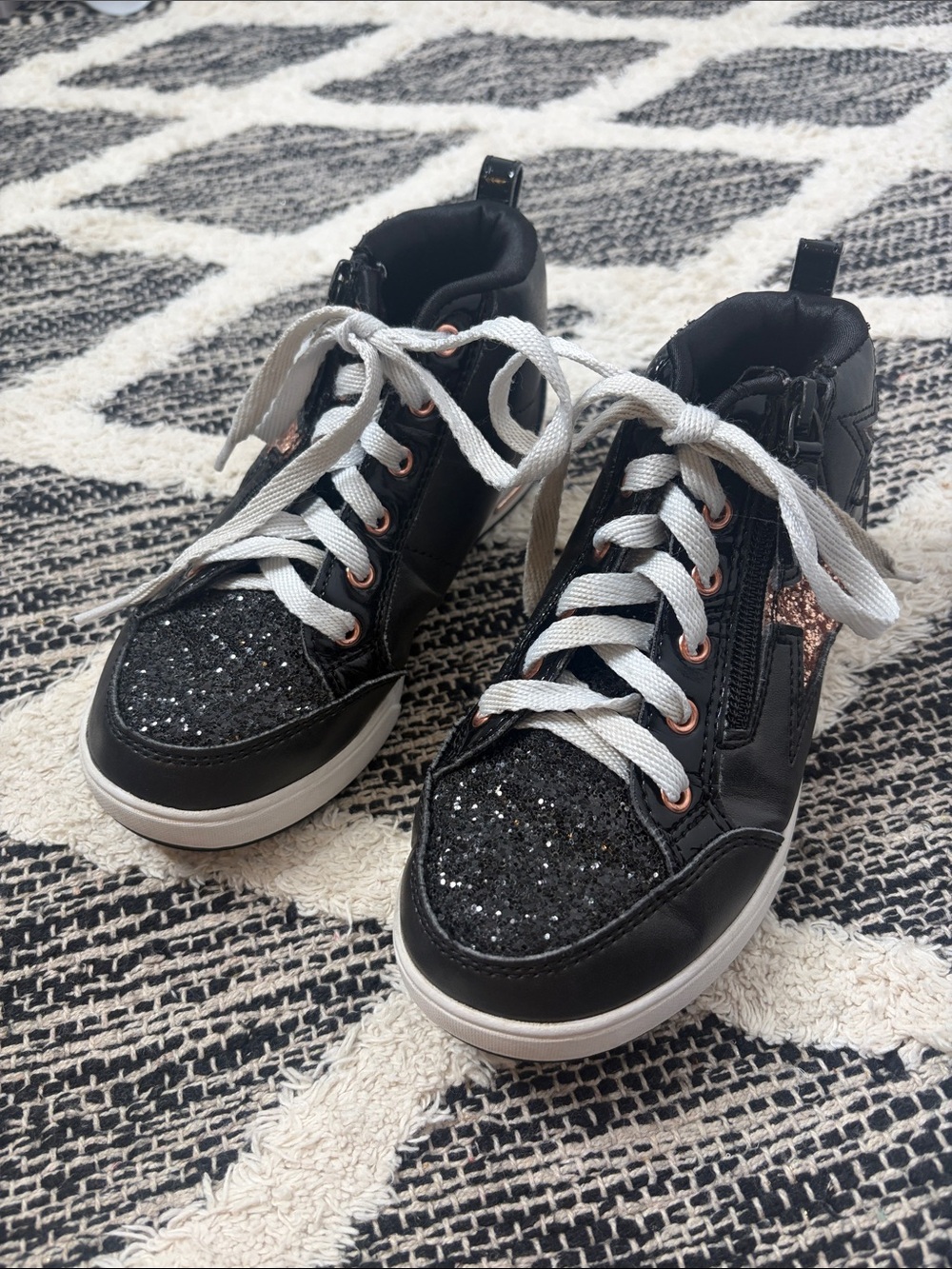 Skechers Kids Black Glitter High-Top Sneakers with Rose Gold Accent size 1